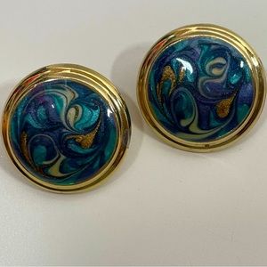 Vintage Blue Enamel Summer Festival Mermaid Tropical Vacation Button Earrings